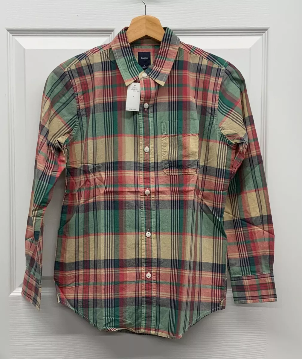 NWT Boys GAP Pink Green Plaid Long Sleeve Button down Shirt X