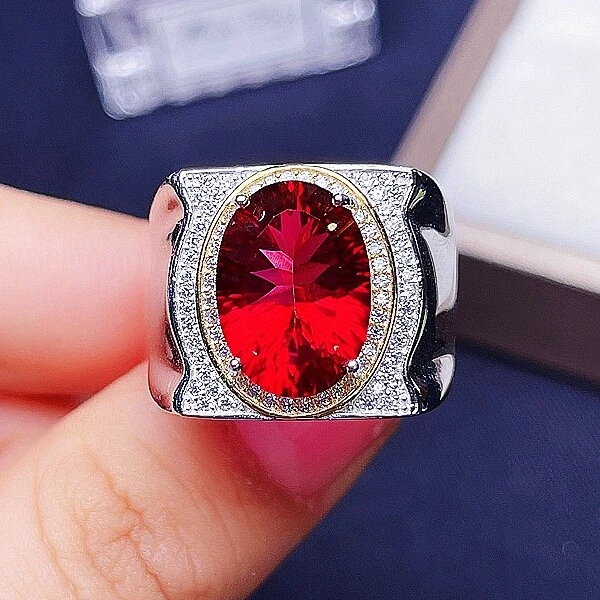 8CT Natural Oval Cut Red Topaz Mens Engagement Ring 14K White Gold Plated Silver
