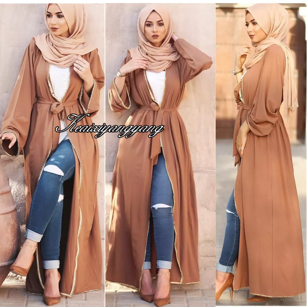 Dubai Style Women Open Front Kaftan Abaya Muslim Cardigan Robe Maxi Dress