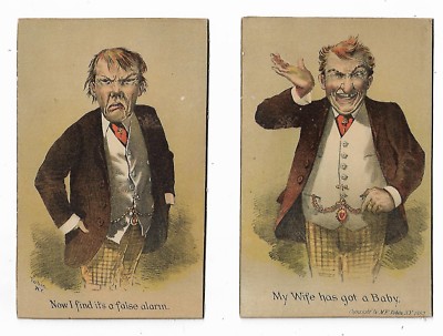 2 1882 Color Litho Victorian Trade Card Tobin Artist Father New Baby False Alarm