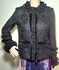 Gaby Eden Snap Jacket M Nwt Embellished Black Metallic Tweed Rabbit Fur Ruffle