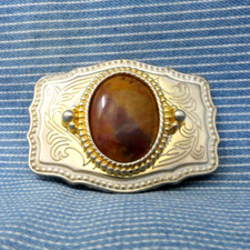 Classic Western Belt Buckle Yellow Orange Agate Stone Mount Vtg 80s USA .GTA570