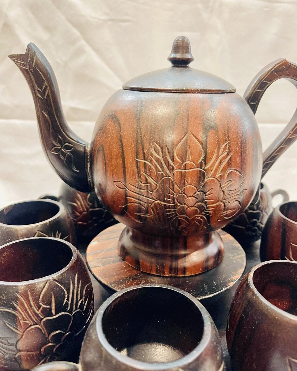 ヴィンテージの手彫り木製茶器セット　フィリピン製 VTG Monkey Pod Wood Tea Set Hand Carved In The Philippines Lazy
