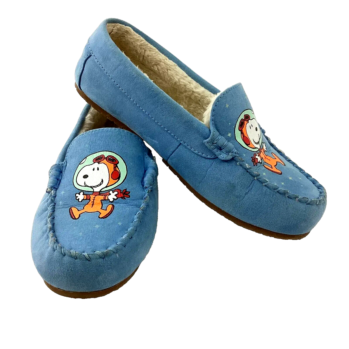NEW Lands End Slipper Sz Blue Peanuts SNOOPY Astronaut Fur Glow