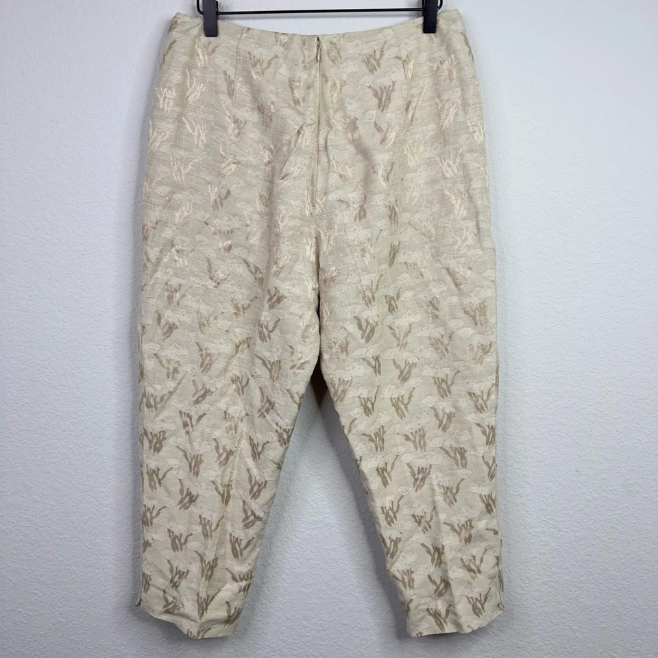 Pantalones Oscar de la Renta para mujer 12P beige mezcla de lino jacquard brocado minimalista Foto 2 de 4