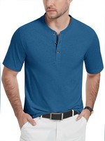 Henley Shirt Herren Kurzarm Baumwolle Ohne Kragen Atmungsaktiv Slim Fit Blau M