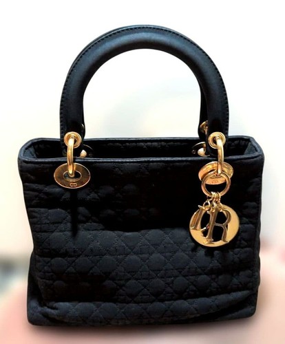Christian Dior Lady Dior Cannage Hand Bag Nylon Black Gold Auth Good