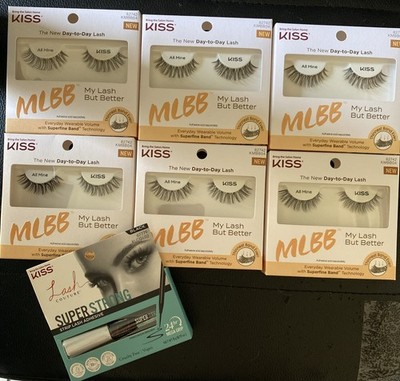 KISS False Eyelashes LOT OF 6 MLBB ALL MINE W/ Super Strong Lash Adhesive Black