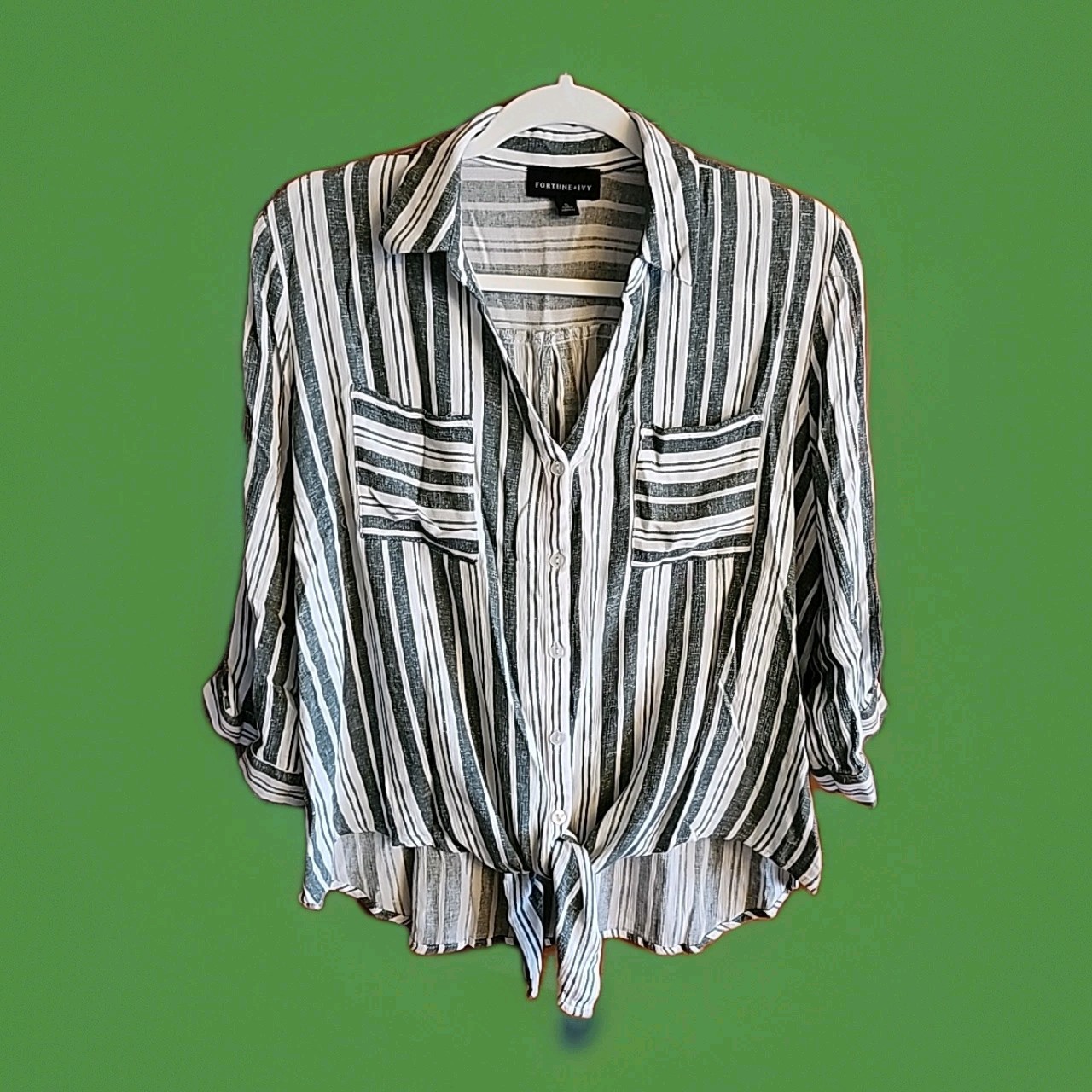 Women's Fortune & Ivy Button Up Tie Front Striped Rayon Top Size XL