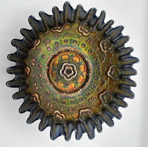 Antique FENTON Blue Carnival Glass "Captive Rose" CRE Bowl