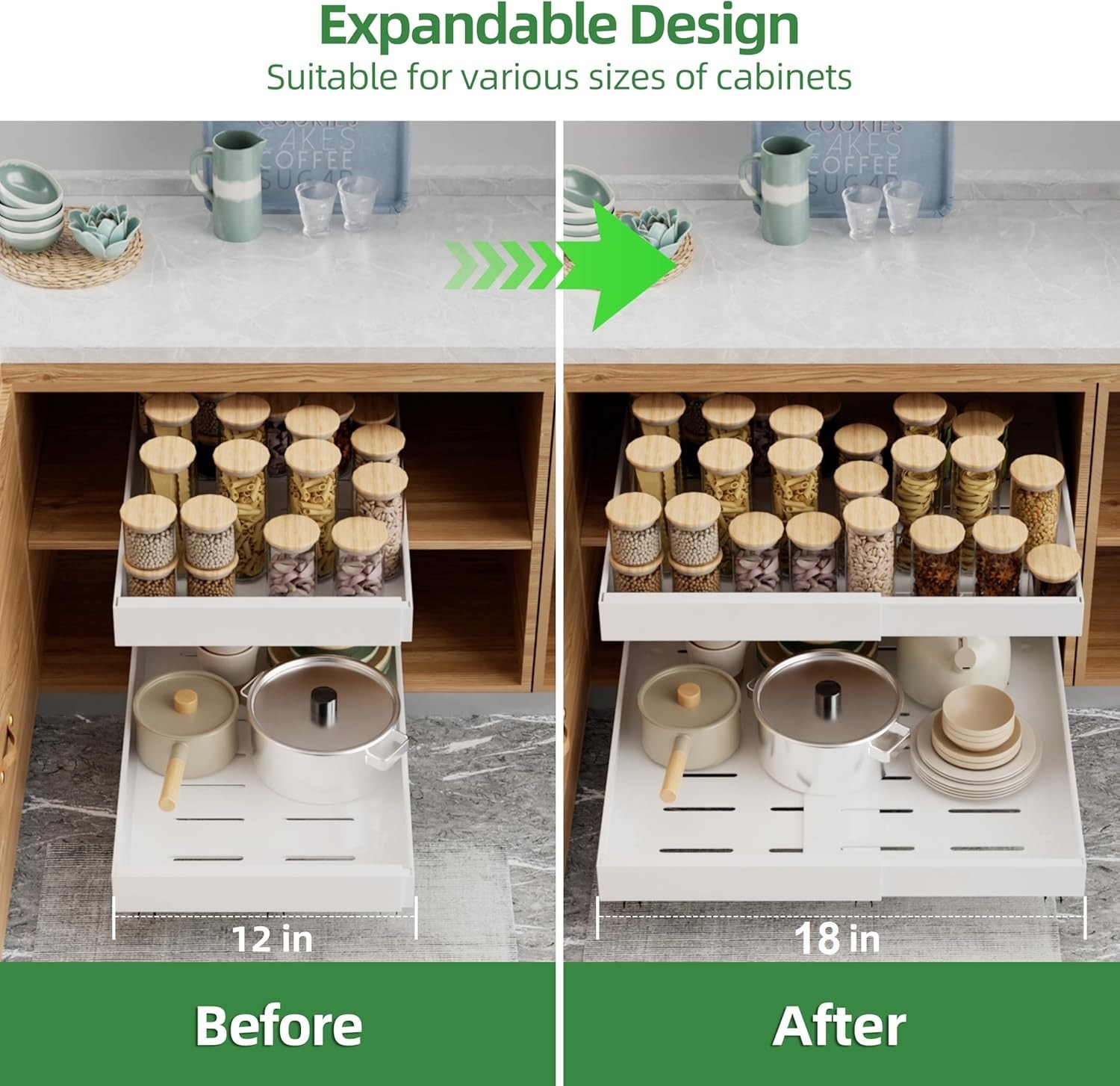 Expandable 12" to 18" White Pull Slide Out Drawer Organizer Cabinet Pantry Shelf