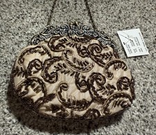 NWT Vintage Ornate Art Nouveau Style Beaded Evening Clutch Purse Cream Bronze