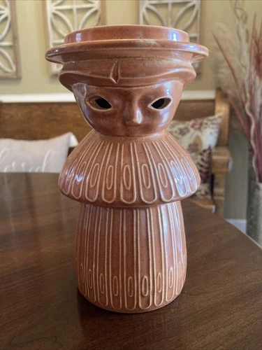 RARE!! Vtg 1960’s Red Wing Pottery Hearthstone Orange Tiki Girl Candle Holder