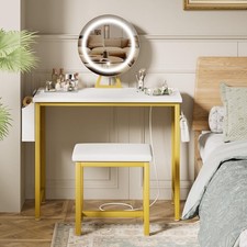 Makeup Vanity Desk with Mirror and Lights White Gold Dressing Table with Stool