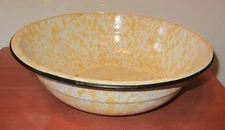 Vintage Yellow With Black Rim Splatter Enamelware Bowl 3 1/2" x 12 1/8"