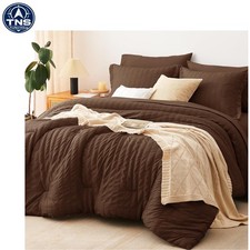 King Size Comforter Set 7 Pieces Seersucker Microfiber bedding All Seasons brown