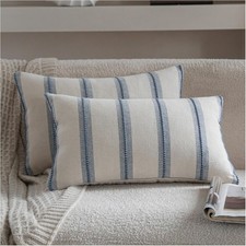 Boho Lumbar Throw Pillow Covers 12x20 Set of 2, Beige and Blue Striped