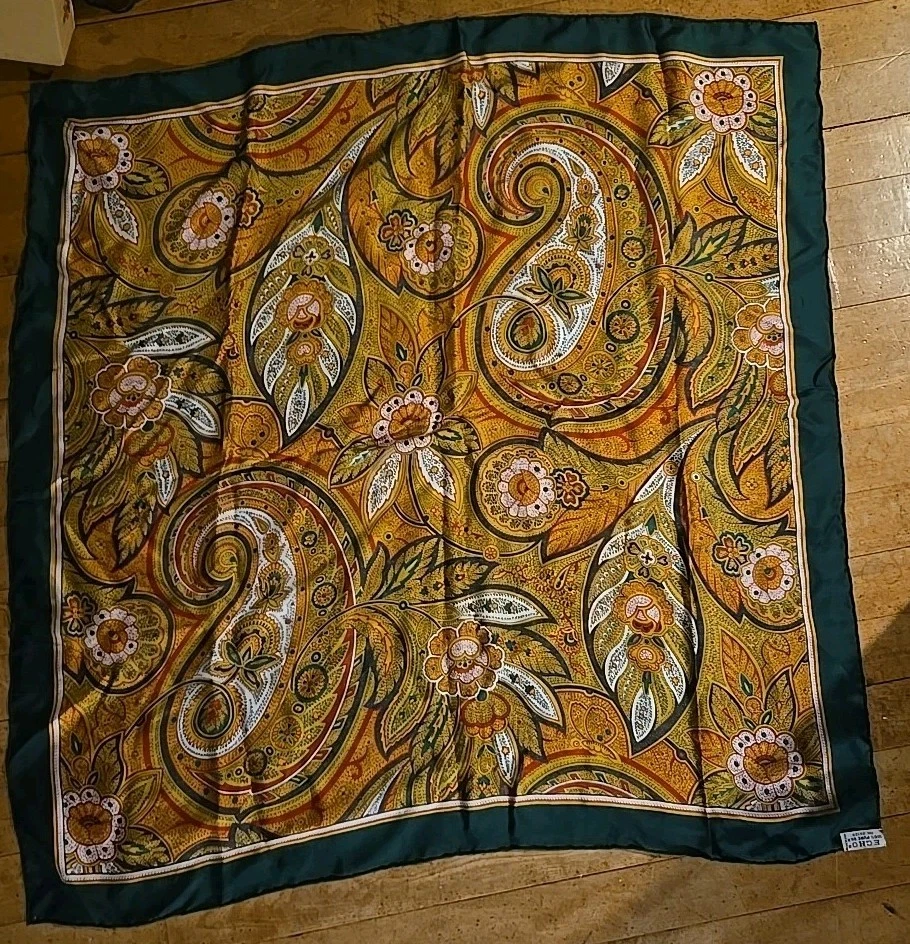 Vintage ECHO Pure Silk Scarf Paisley Greens Gold & Green Trim Hand Rolled Japan - Image 3 of 4