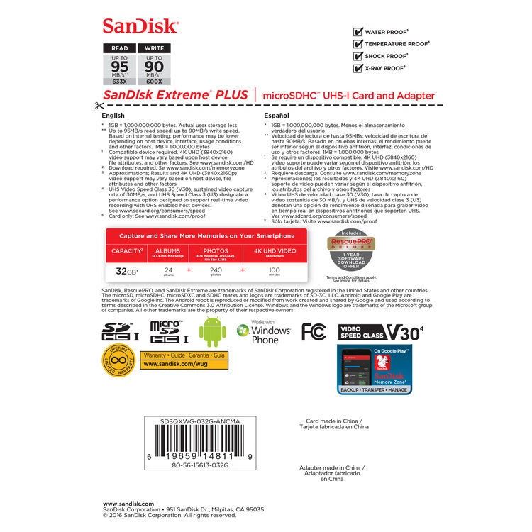 SanDisk Extreme PLUS 32GB microSDXC Memory Card w/ Adapter UHS-I V30 U3 Class 10 - Image 2 of 4