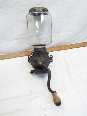Vintage Arcade Crystal Glass Jar Hopper Wall Mount Coffee Grinder Mill Cast  Iron