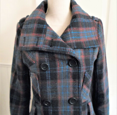 Levis Blue Plaid Peacoat Jacket Wool Blend Sz Small Double Breasted NO BELT