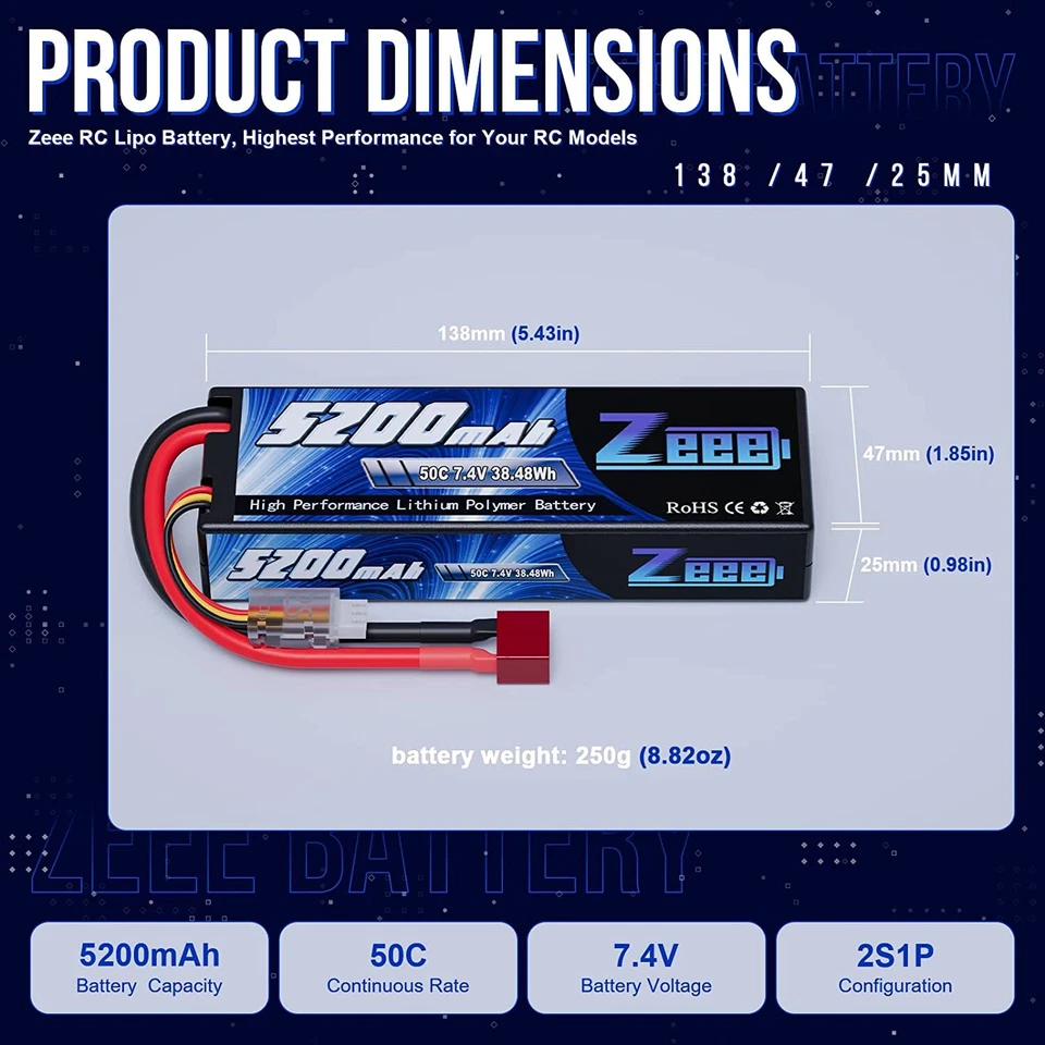 Zeee 7,4V 2S LiPo Akku T Plug 50C 5200mAh Hardcase für RC Auto Monster Truck LKW - Bild 3 von 4