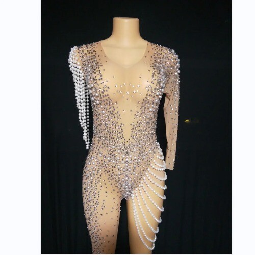 See Through Jumpsuits Pearl Showgirl Costume Rave Festival Outfit