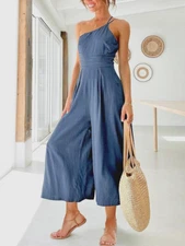 NWOT MEDIUM ANRABESS One Shoulder High Waist Wide Leg Romper Pockets  BLUE GRAY