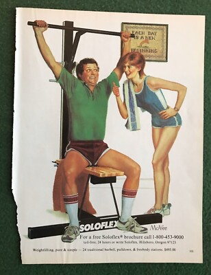 1980s magazine Ad SOLOFLEX Home Gym fitness FIT FOR LIFE workout mancave