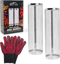 Foxy's Rolling Grill Baskets, 2 PCS, with Pair of Heat Resistant Gloves Included