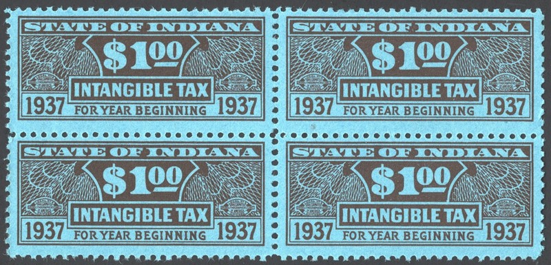 SRS IN D38 $1.00 Indiana Intangible Tax Revenue Block of Four (1937) MNH