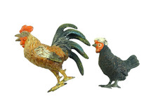 ANTICA COPPIA STATUINE MINIATURE DIPINTE BRONZO VIENNA GALLO E GALLINA