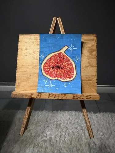 ACEO Original Half a Fig Blue Background Acrylic Markers 2.5x3.5, Unframed Small