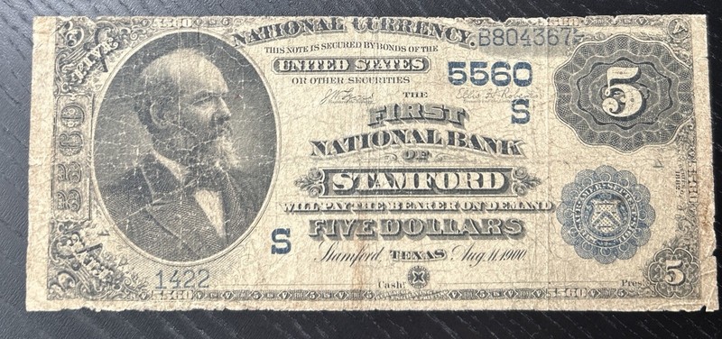 1882*1908 Date Back-Stamford, Texas-First National Bank $5 National Currency
