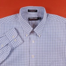 Kirkland Men's Button-Down Collar Long Sleeve Shirt Blue Plaid Size 17.5-36