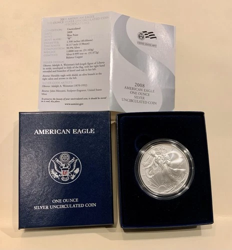 2008-W Reverse Of 2007 Silver Eagle   COA/OGP  WEST POINT ERROR unc