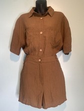 Zara Jumpsuit Romper Brown Size Large Women s Elastic Back Pockets Button Up