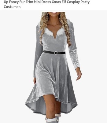 costumes with grey dress Women's Gray White Fur Trim Elf Mini Dress Costume Xmas Party Size S