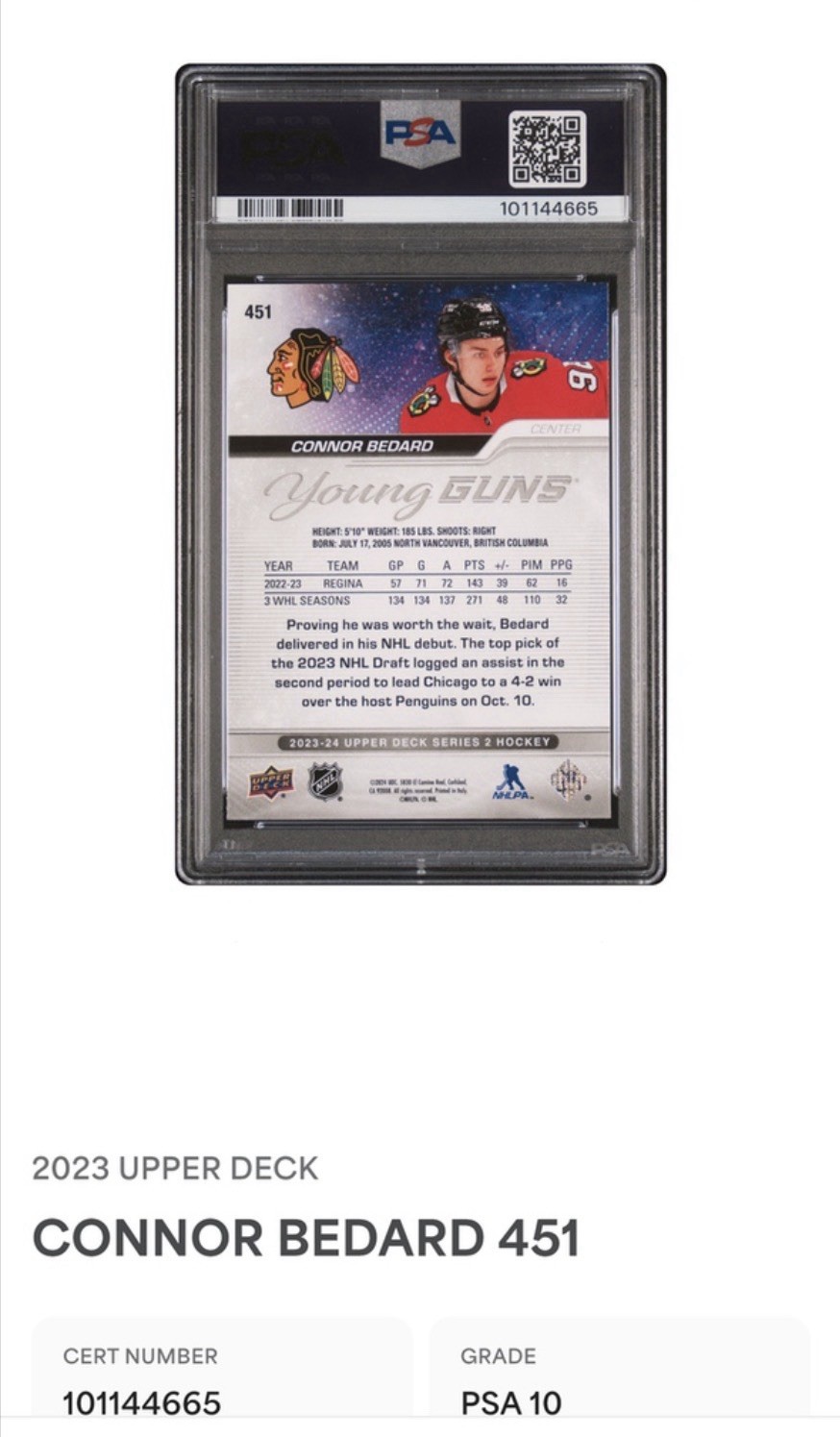 2023 UPPER DECK #451 CONNOR BEDARD YOUNG GUNS RC ROOKIE PSA 10 view 2