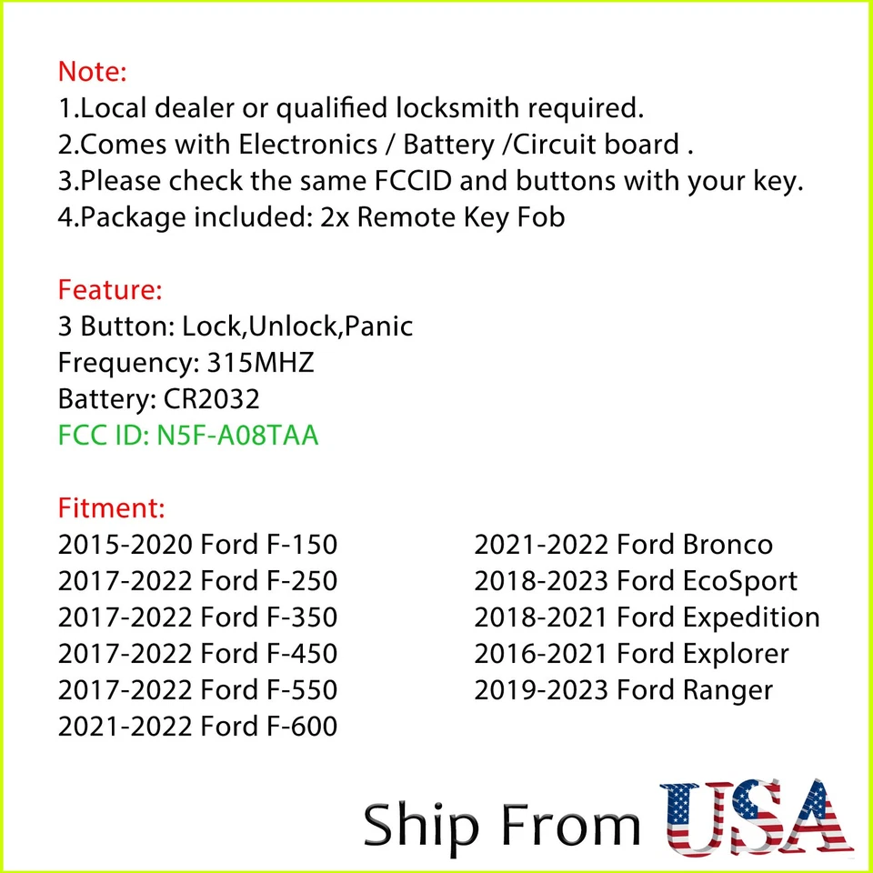 2 Para FORD F-150 F-250 F-350 2015-2022 MANDO A DISTANCIA LLAVERO ABATIBLE N5F-A08TAA 164-R8130 Foto 2 de 4