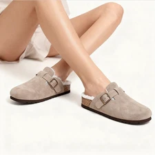 Women Clogs Mules Winter Fur Lined Fuzzy Cork Footbed slip on shoes