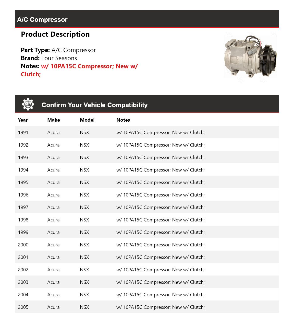 For 1991-2005 Acura NSX A/C Compressor 4 Seasons 1992 1993 1994 1995 1996 1997