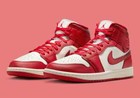 Nike Women's Air Jordan 1 Mid Cracked Red Leather Sail HJ9337-106 Shoes NEW