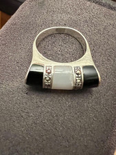 Vintage 925 Sterling Silver Black Onyx Mother of Pearl Marcasite Ring Size 8