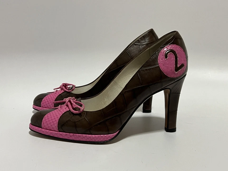 Vtg Christian Dior by John Galliano 2001 Brown Croc Embossed Number Heels 35 - Image 3 of 4