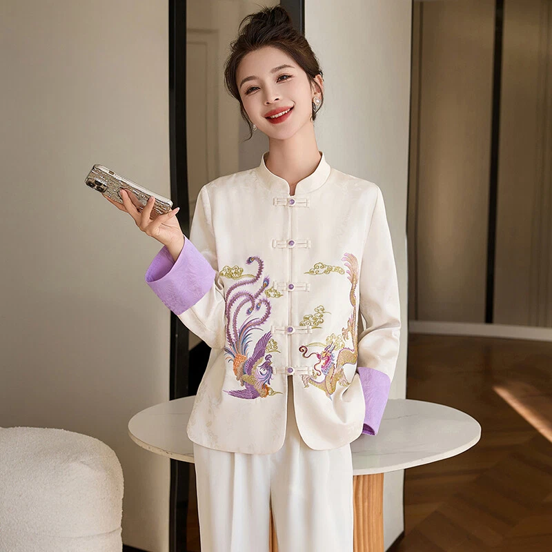 OFF WHITE Cappotto stile cinese ricamato donna lusso manica lunga bottoni giacca nuovo top
