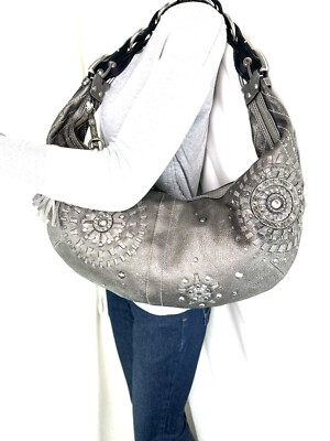 COACH Mia 10066 Gunmetal Metallic Leather Crescent Shoulder Bag