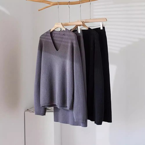 Damen V-Ausschnitt 100 % Wolle Kurz Pullover Mittellang Rock Strick Strickwaren Mode Gr.