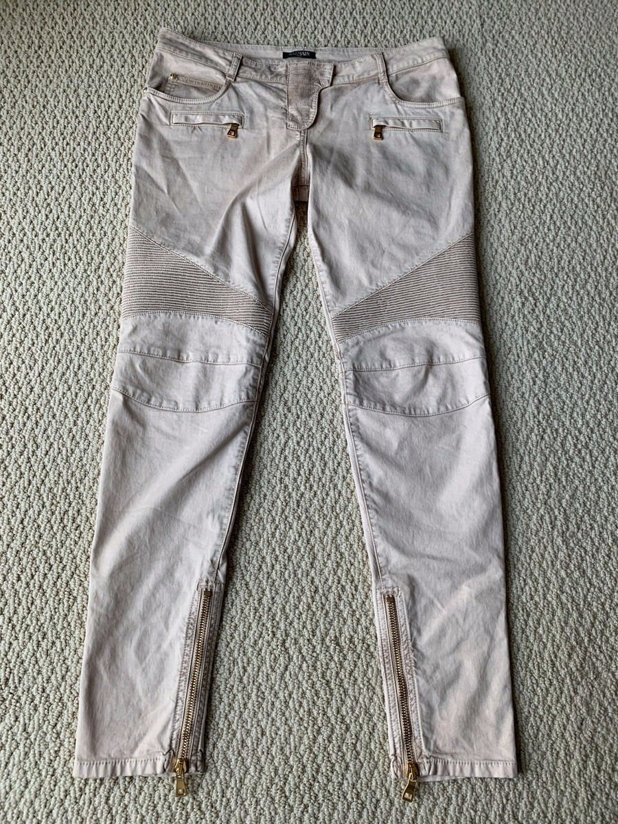 NWT Balmain Sable Light Beige Motorcycle Pleat Skinny Biker Jeans