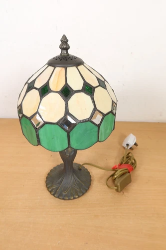 Vintage TIFFANY STYLE Table Lamp Metal Tree Base Stained Glass Green Beige 14"
